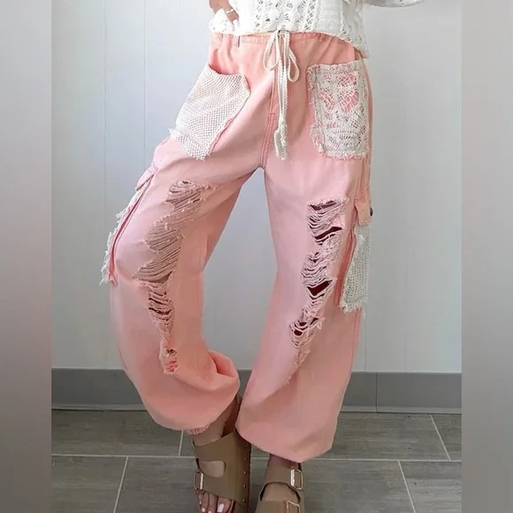 POL Clothing Peach Patchwork Crochet Lace Drawstring Distressed Jogger - Picture 2 of 10